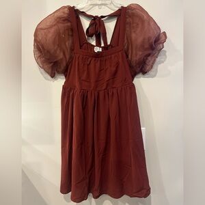 Entro Elegant Burgundy Sheer Puff Sleeve Dress